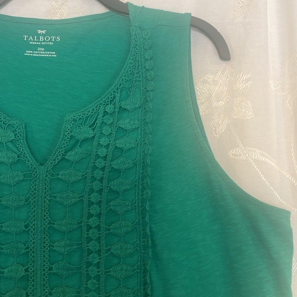Talbots 2XP Sleeveless Tank Top Green 100% COTTON. Crochet detail on top Preworn - Picture 6 of 13